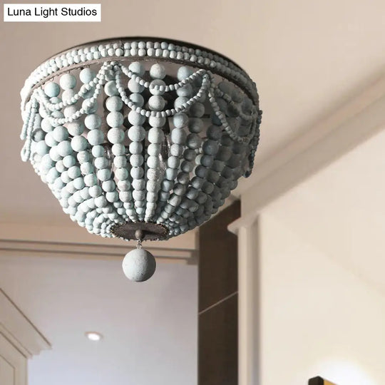 Rustic Wood Beaded Dome Flushmount Chandelier - 3 Bulb Ceiling Mount For Dining Table