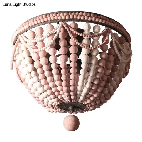 Rustic Wood Beaded Dome Flushmount Chandelier - 3 Bulb Ceiling Mount For Dining Table