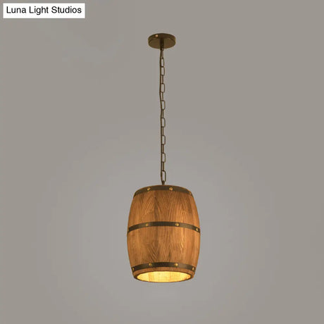 Rustic Wood Bucket Pendant Light For Bar - Brown Industrial Hanging Lamp
