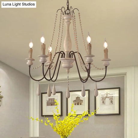 Rustic Wood Chandelier With 6 Bulbs And Bead Strand - Rural Candle Pendulum Light In White