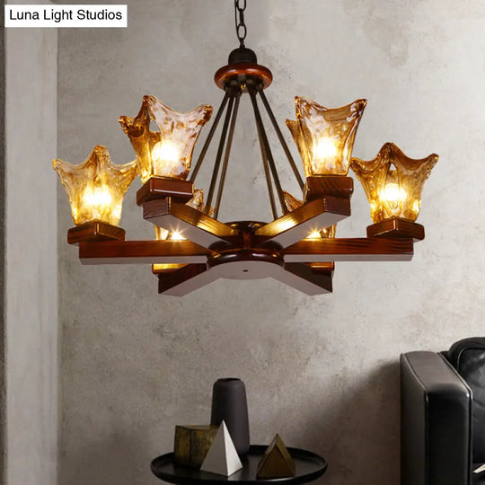 Rustic Wood Flower Chandelier With Tan Textured Glass 4/6 Lights Dining Pendant In Red Brown
