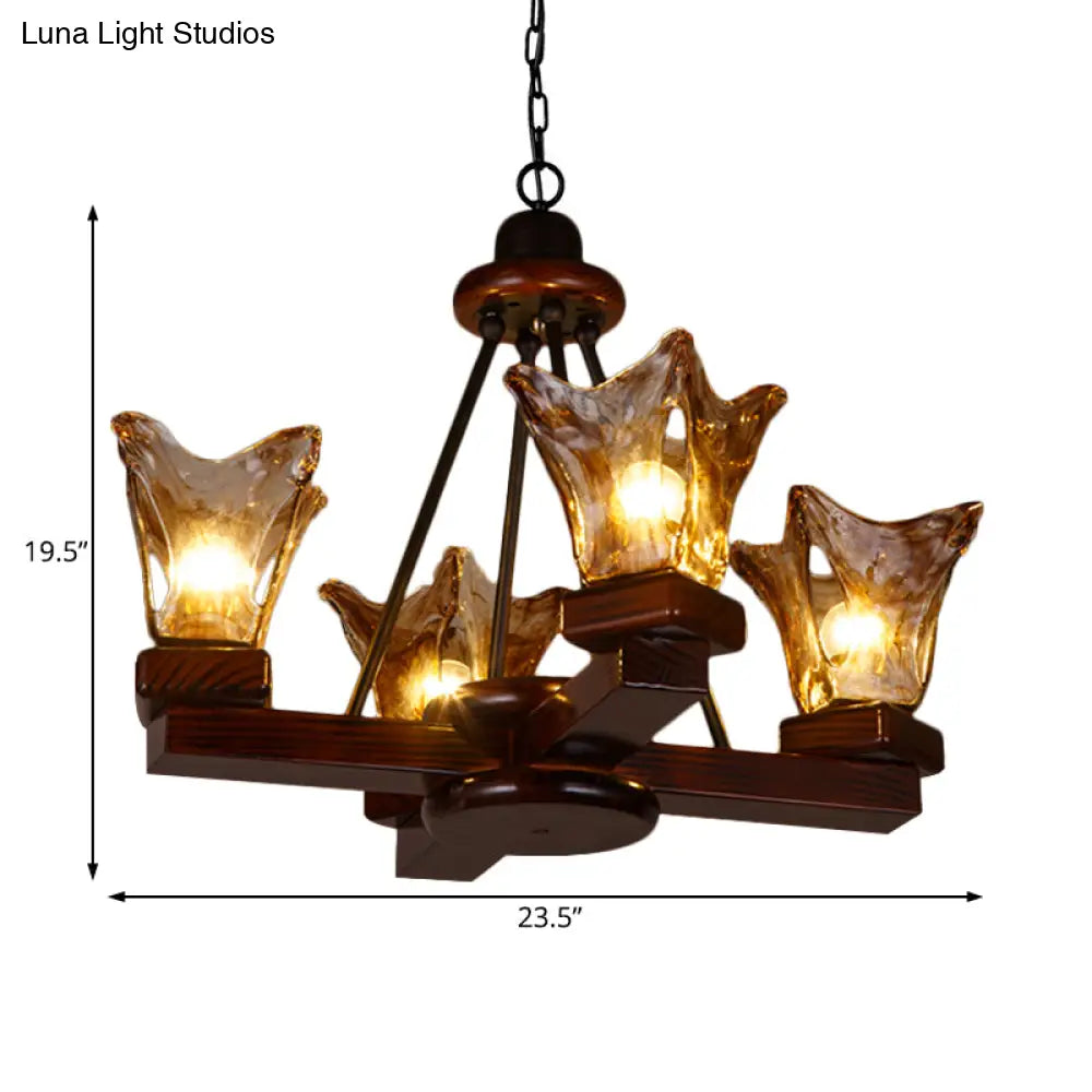 Rustic Wood Flower Chandelier With Tan Textured Glass 4/6 Lights Dining Pendant In Red Brown