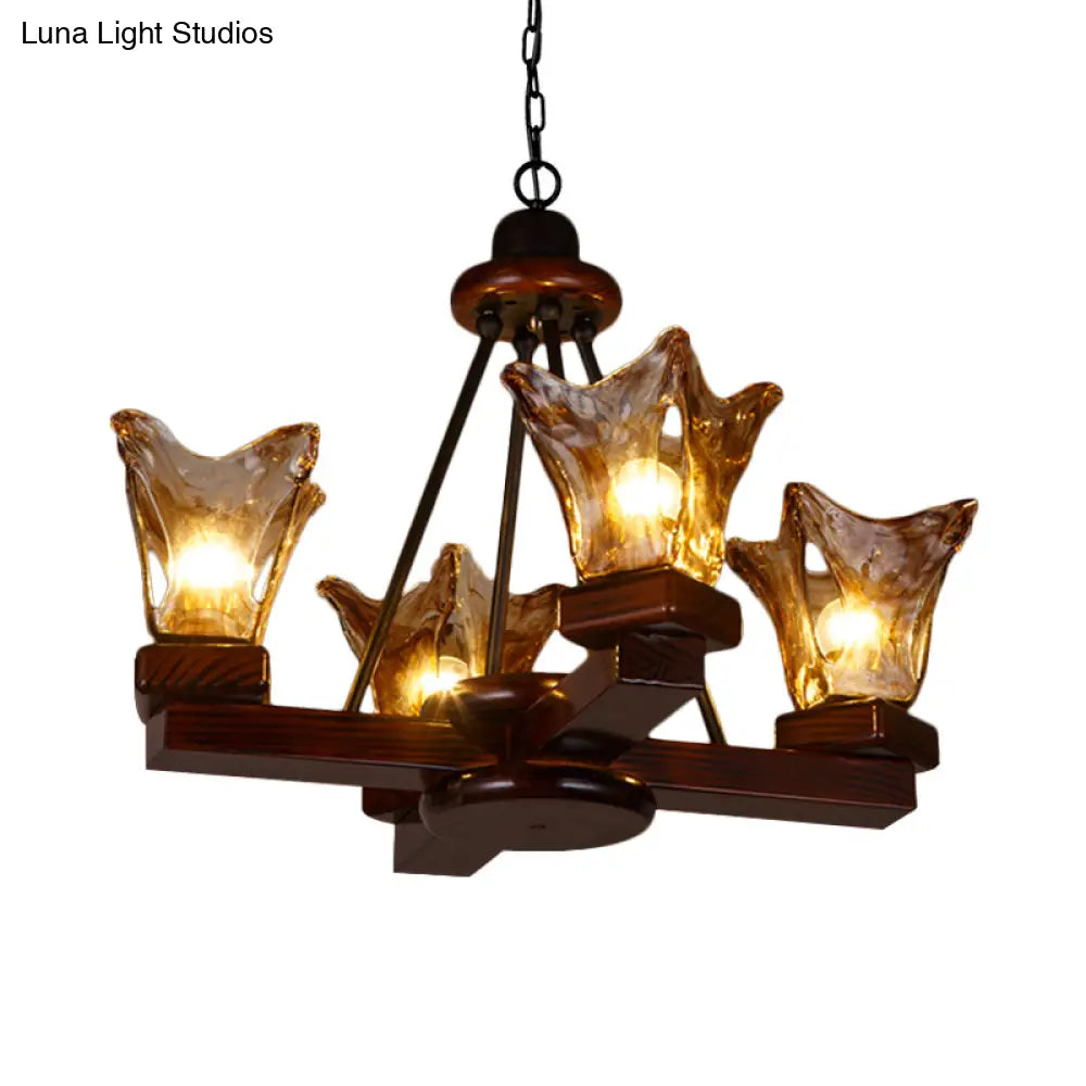 Rustic Wood Flower Chandelier With Tan Textured Glass 4/6 Lights Dining Pendant In Red Brown