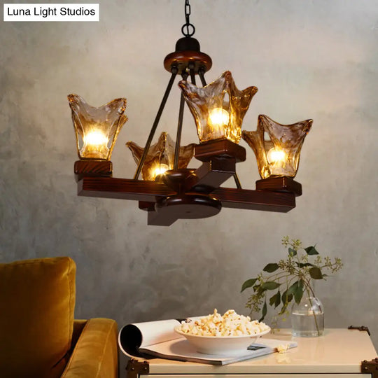 Rustic Wood Flower Chandelier With Tan Textured Glass 4/6 Lights Dining Pendant In Red Brown