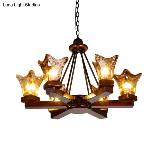 Rustic Wood Flower Chandelier With Tan Textured Glass 4/6 Lights Dining Pendant In Red Brown
