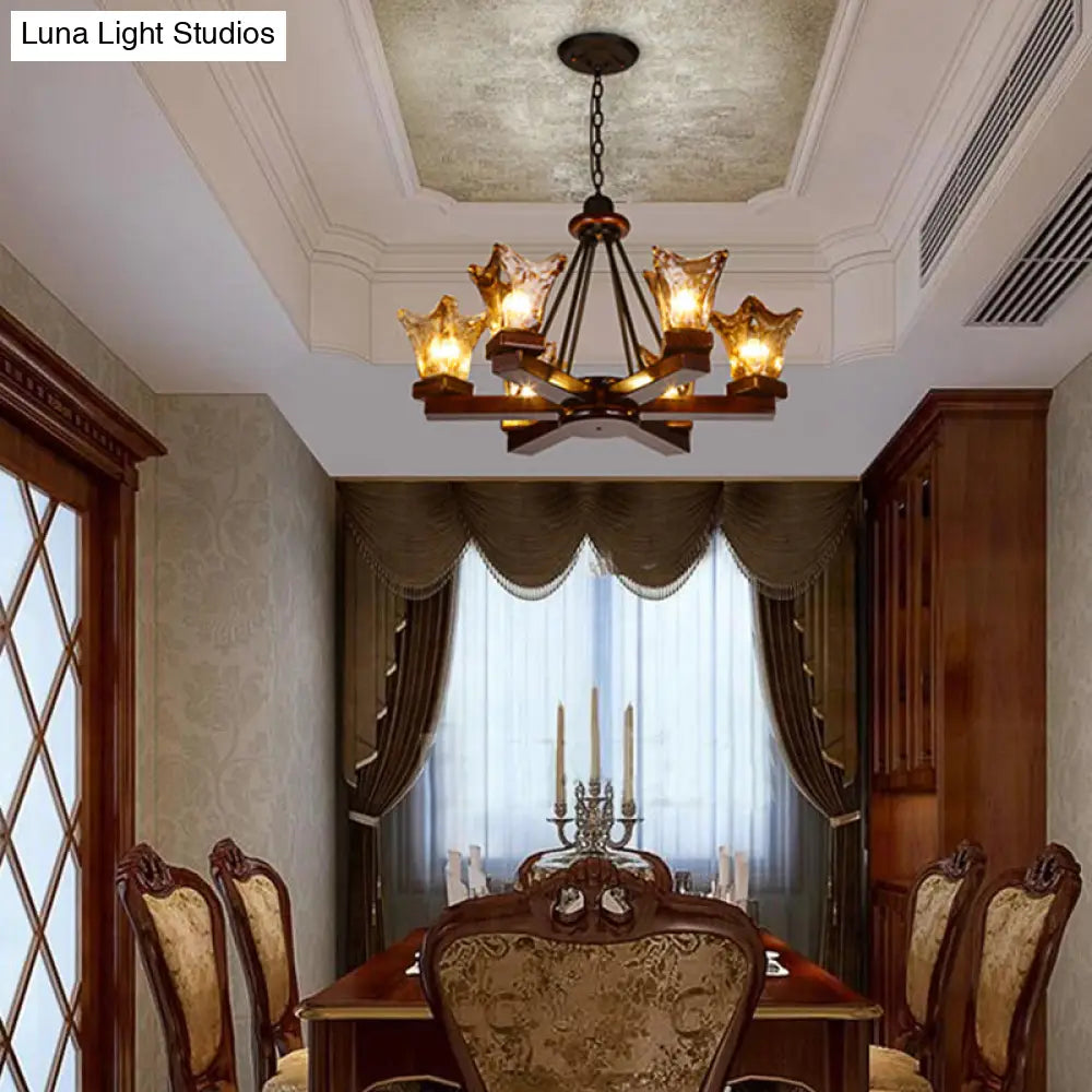 Rustic Wood Flower Chandelier With Tan Textured Glass 4/6 Lights Dining Pendant In Red Brown