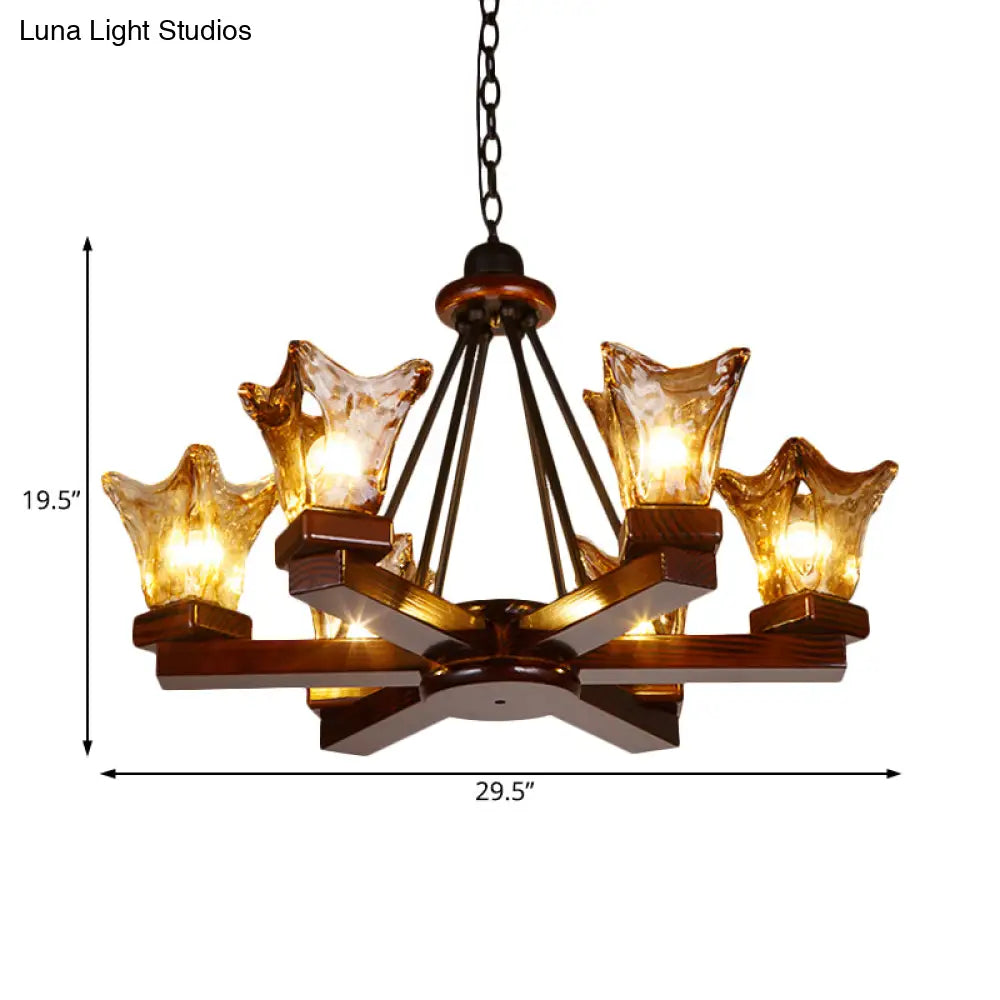 Rustic Wood Flower Chandelier With Tan Textured Glass 4/6 Lights Dining Pendant In Red Brown
