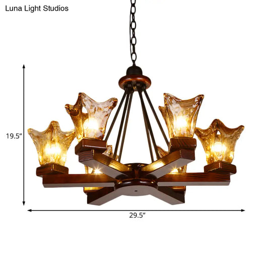 Rustic Wood Flower Chandelier With Tan Textured Glass 4/6 Lights Dining Pendant In Red Brown