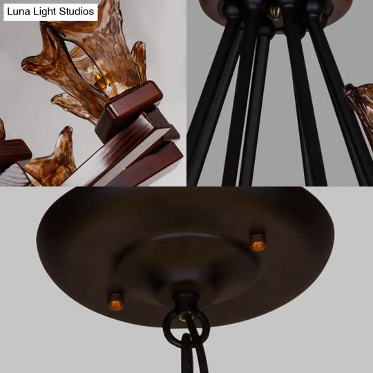 Rustic Wood Flower Chandelier With Tan Textured Glass 4/6 Lights Dining Pendant In Red Brown