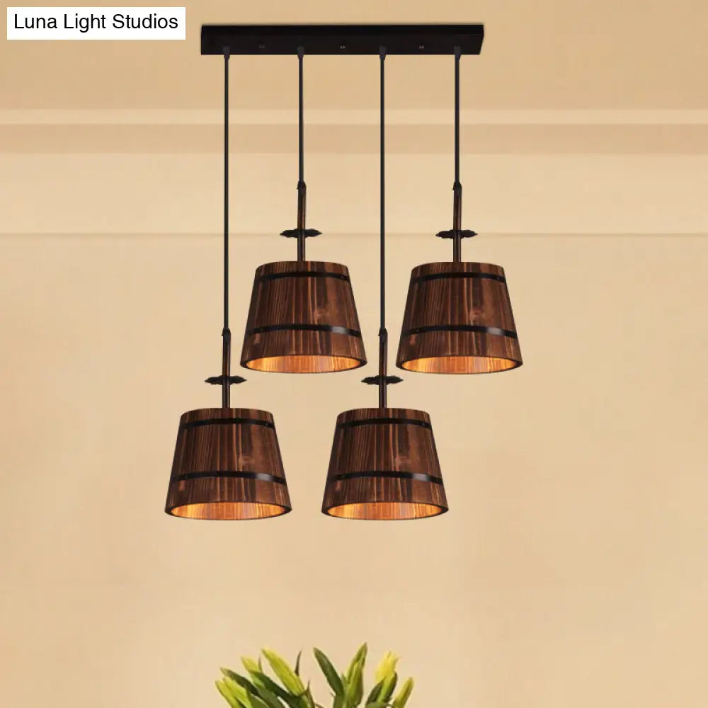 Rustic Wood Pendant Light With 4 Coolie-Shade Heads For Restaurants - Brown Black / Linear
