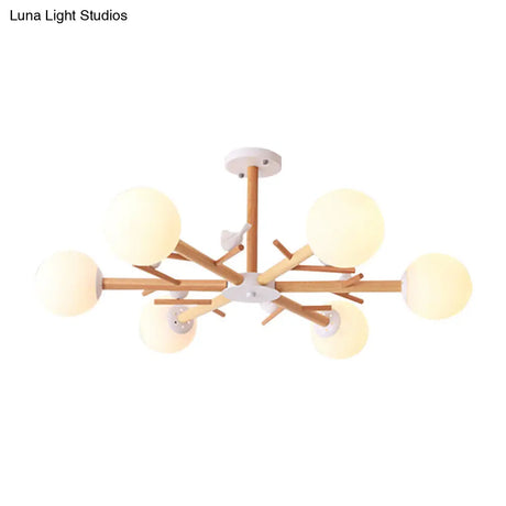 Rustic Wood Pendant Light With White Globe Shade And Bird Detail - Ideal For Dining Room