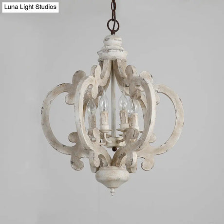 Rustic Wood Quatrefoil Cage Chandelier With 6 Distressed White Lights - Bedroom Hanging Lighting