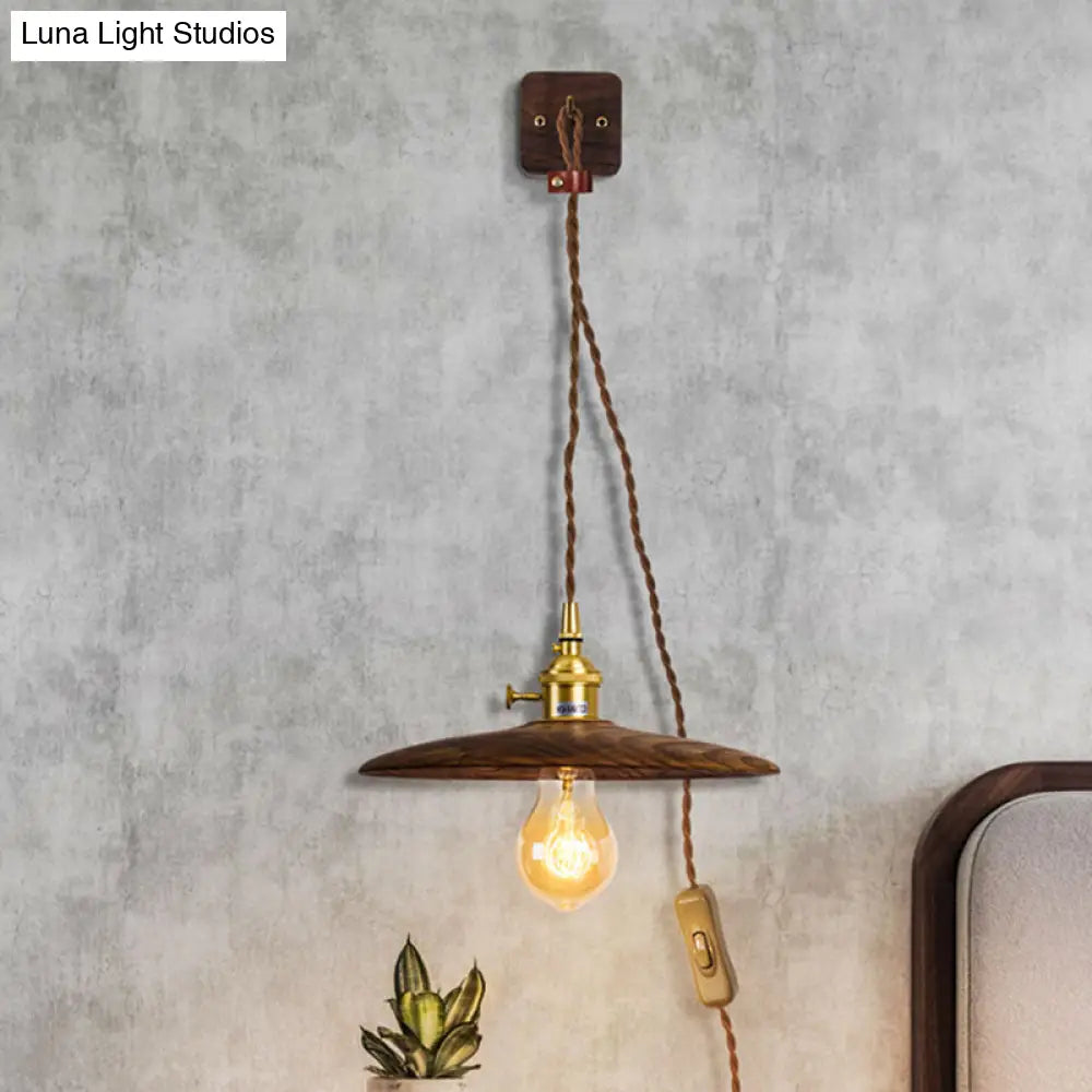 Rustic Wood Tray Plug-In Wall Sconce Light - 1 Bulb Bedside Lighting With Extra Long Cord