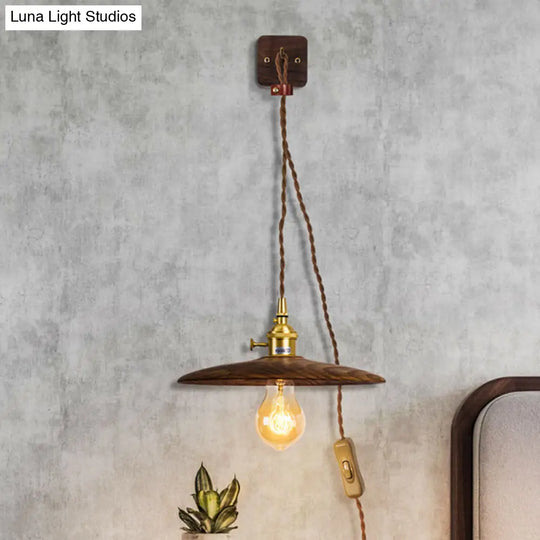 Rustic Wood Tray Plug-In Wall Sconce Light - 1 Bulb Bedside Lighting With Extra Long Cord