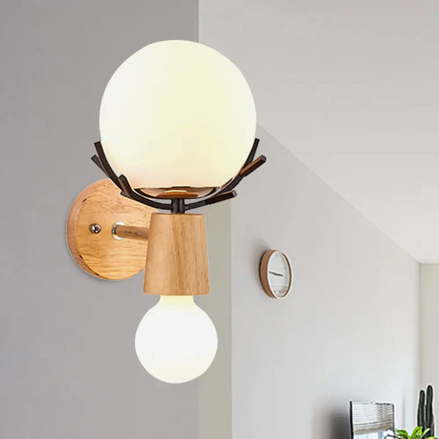 Rustic Wood Wall Lamp With Antler Accents - White Globe Sconce Light For Stairways Black