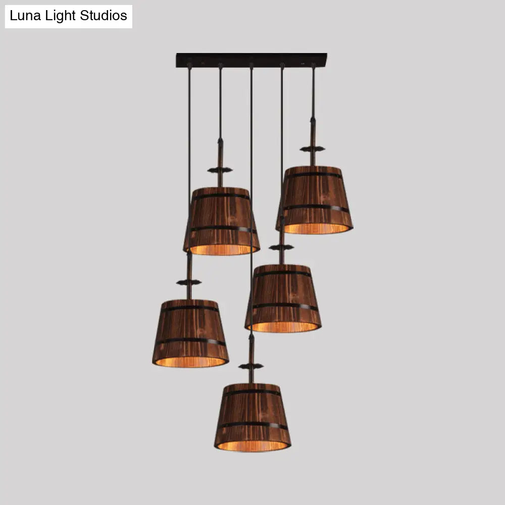 Country Style 4-Light Wooden Bucket Pendant Light - Brown