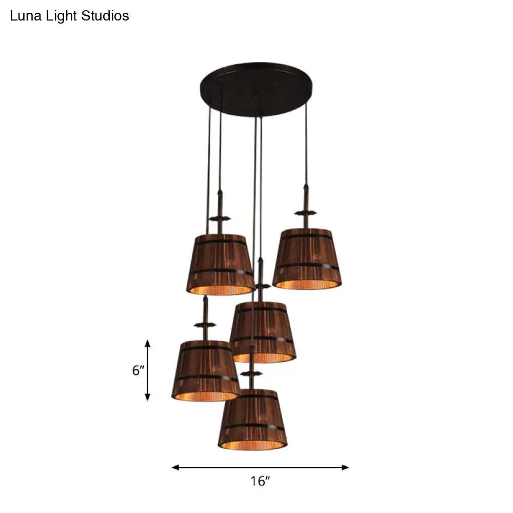 Country Style 4-Light Wooden Bucket Pendant Light - Brown