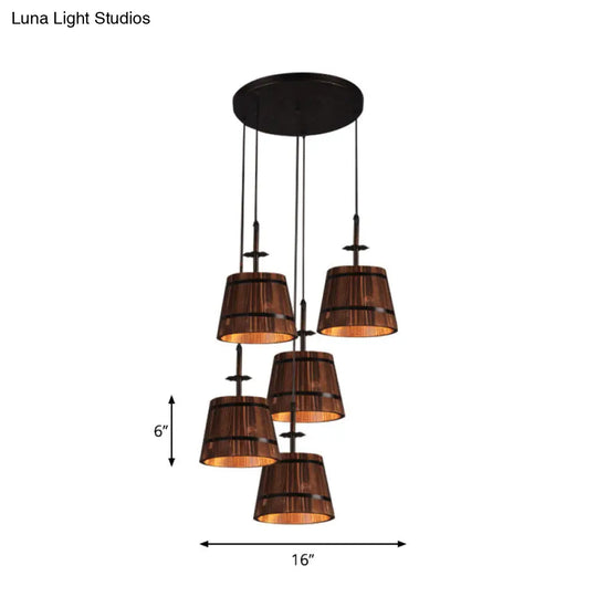 Country Style 4-Light Wooden Bucket Pendant Light - Brown