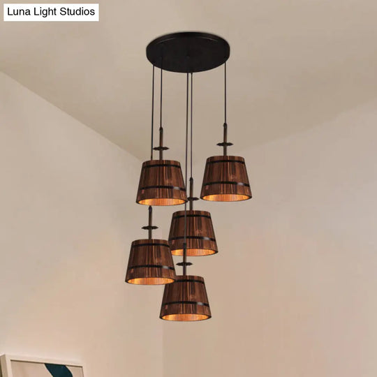 Country Style 4-Light Wooden Bucket Pendant Light - Brown