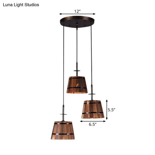 Rustic Wooden 3-Bulb Pendant Light In Brown - Villa Hanging Lamp
