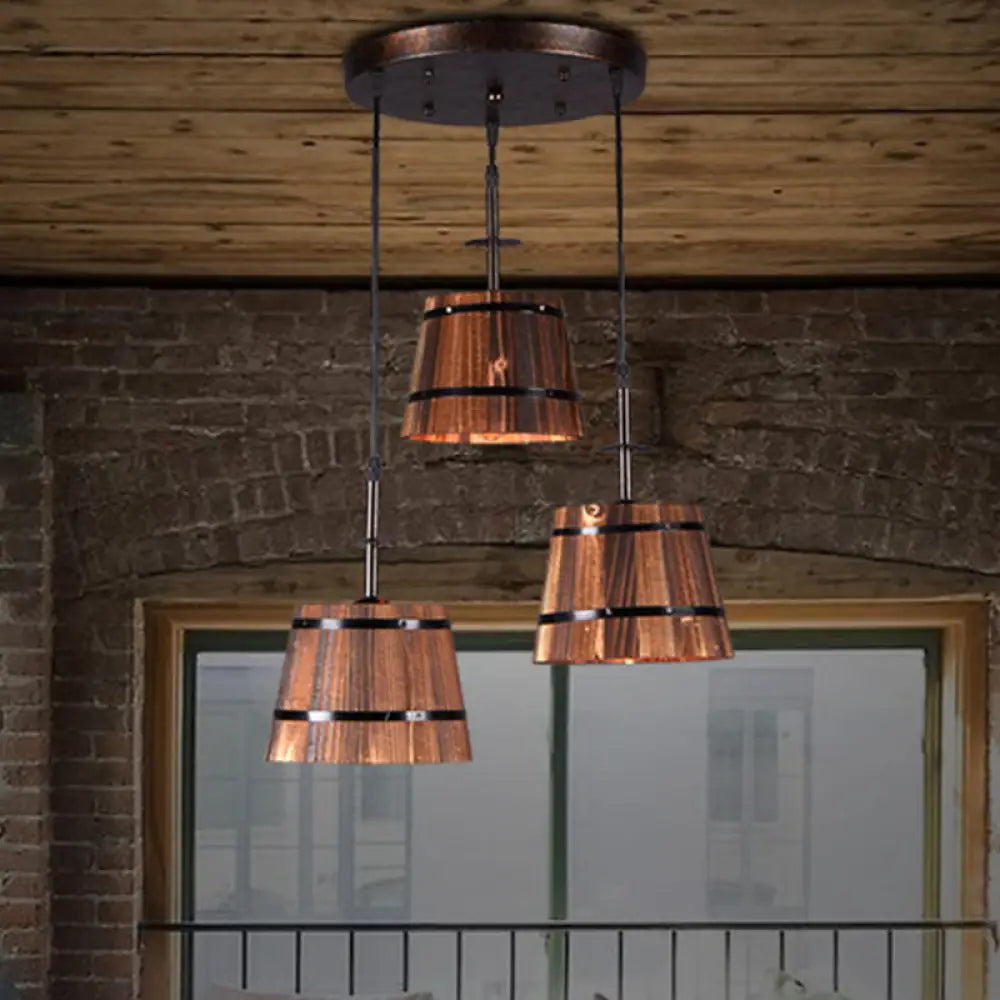 Rustic Wooden Hanging Lamp With 3 Bulbs For Villa Decor Black / Round