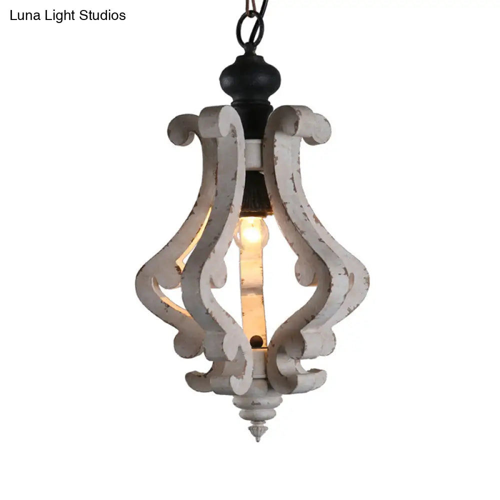 Rustic Wooden Lantern Pendant Ceiling Light - Distressed White Hanging Kit 1-Light Design