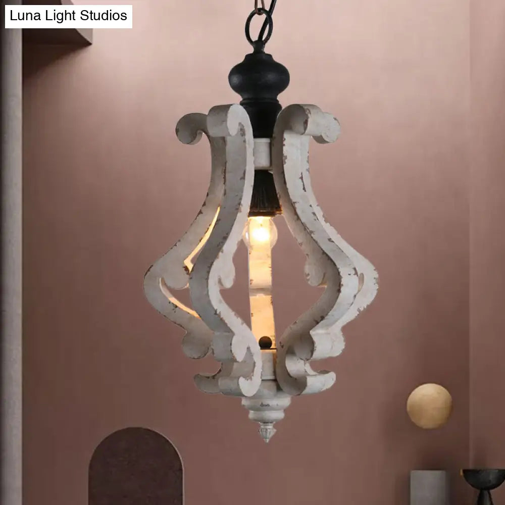 Rustic Wooden Lantern Pendant Ceiling Light - Distressed White Hanging Kit 1-Light Design