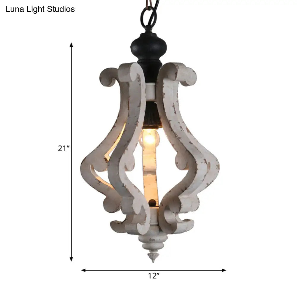 Rustic Wooden Lantern Pendant Ceiling Light - Distressed White Hanging Kit 1-Light Design