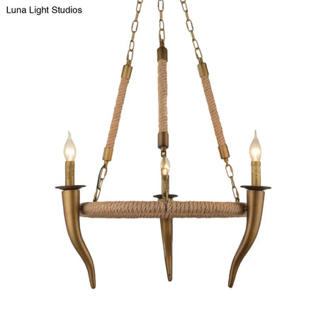Rustic Wagon Wheel Ceiling Pendant - Khaki Metallic Chandelier Light With Ox Horn 3/6-Light Options