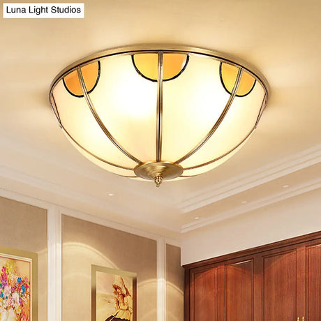 Sandblasted Glass Dome Colonial Brass Ceiling Light - 3 - Light Flush Mount For Living Room