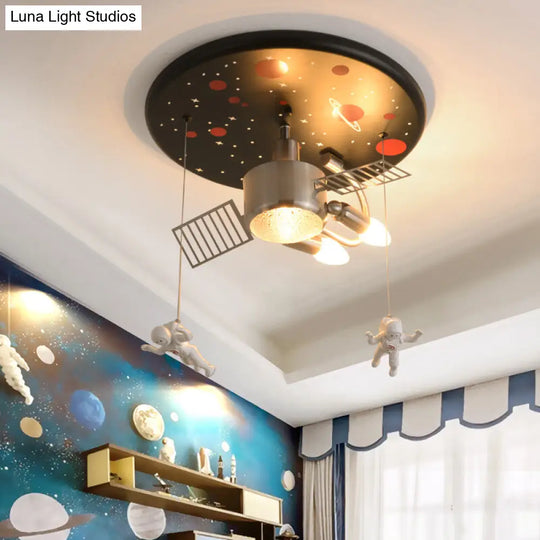 Satellite Astronaut-Themed Metal Flushmount Ceiling Light With 3-Bulb For Childrens Room