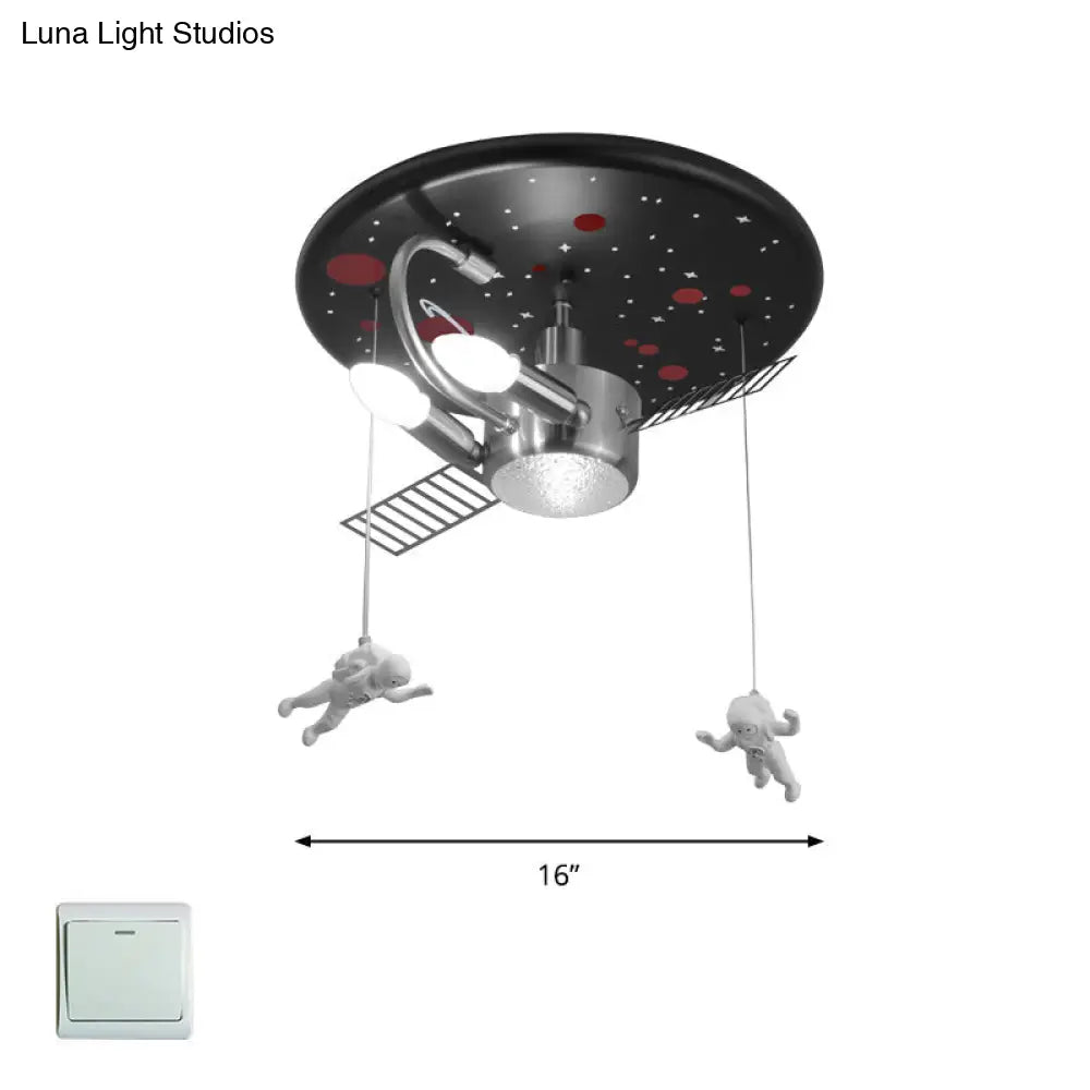 Satellite Astronaut-Themed Metal Flushmount Ceiling Light With 3-Bulb For Childrens Room Black