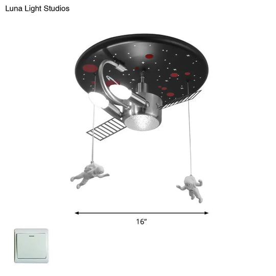 Satellite Astronaut-Themed Metal Flushmount Ceiling Light With 3-Bulb For Childrens Room Black
