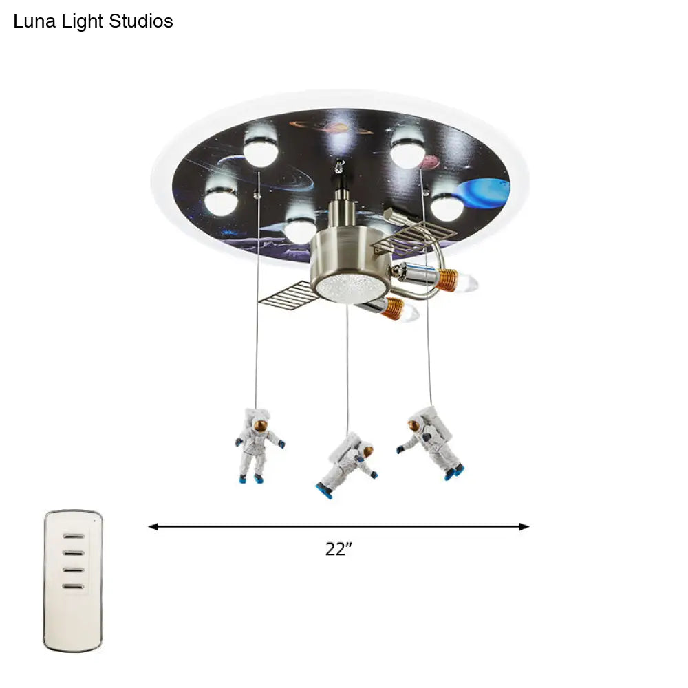 Satellite Astronaut-Themed Metal Flushmount Ceiling Light With 3-Bulb For Childrens Room Blue