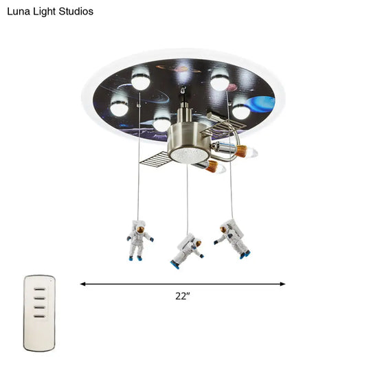 Satellite Astronaut-Themed Metal Flushmount Ceiling Light With 3-Bulb For Childrens Room Blue