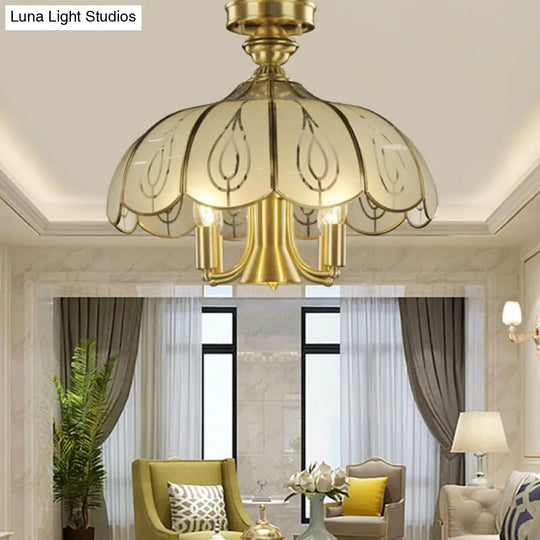 Satin Opal Glass Semi Flush Mount Lamp In Brass - Colonial Scalloped Hanging Lighting- 5 Bulbs-