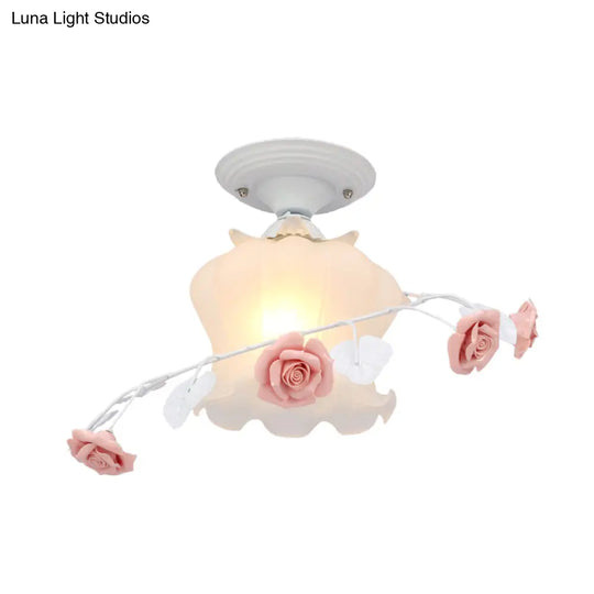 Scalloped Ceiling Flush Mount With Traditional White/Green Satin Opal Glass - Semi Lighting