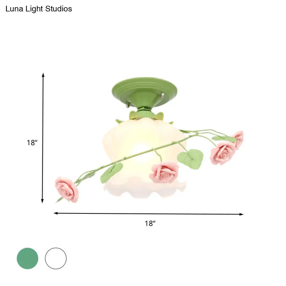 Scalloped Ceiling Flush Mount With Traditional White/Green Satin Opal Glass - Semi Lighting