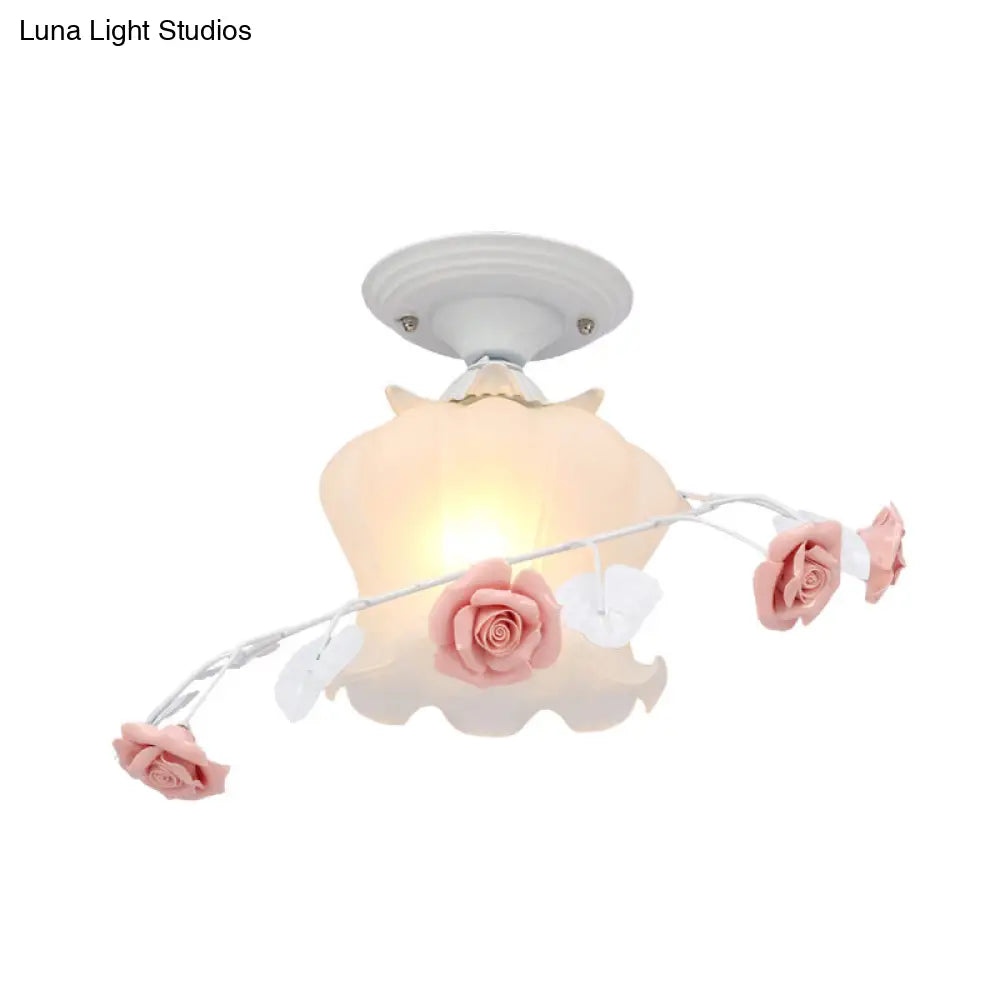 Scalloped Ceiling Flush Mount With Traditional White/Green Satin Opal Glass - Semi Lighting