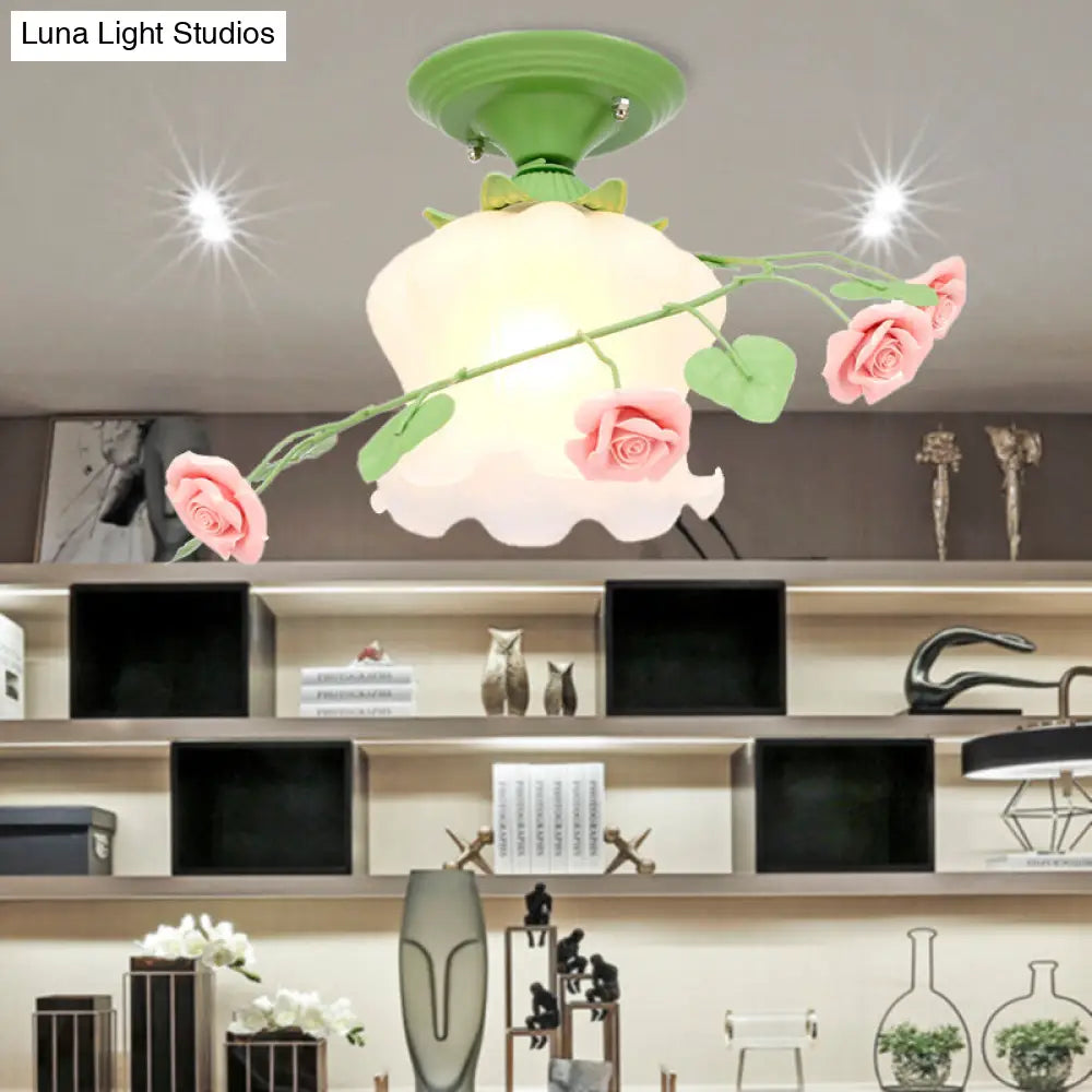 Scalloped Ceiling Flush Mount With Traditional White/Green Satin Opal Glass - Semi Lighting Green