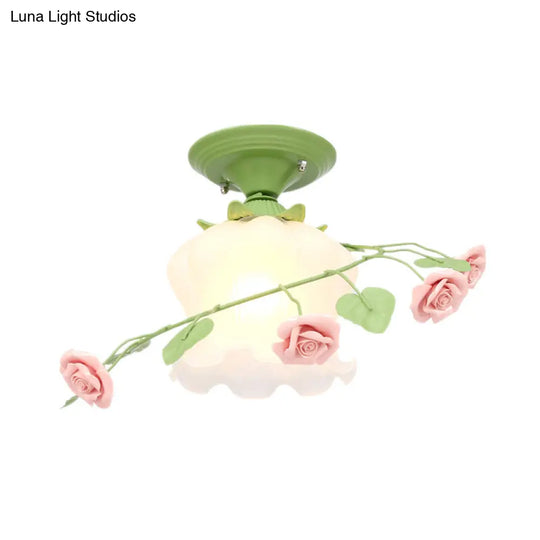 Scalloped Ceiling Flush Mount With Traditional White/Green Satin Opal Glass - Semi Lighting