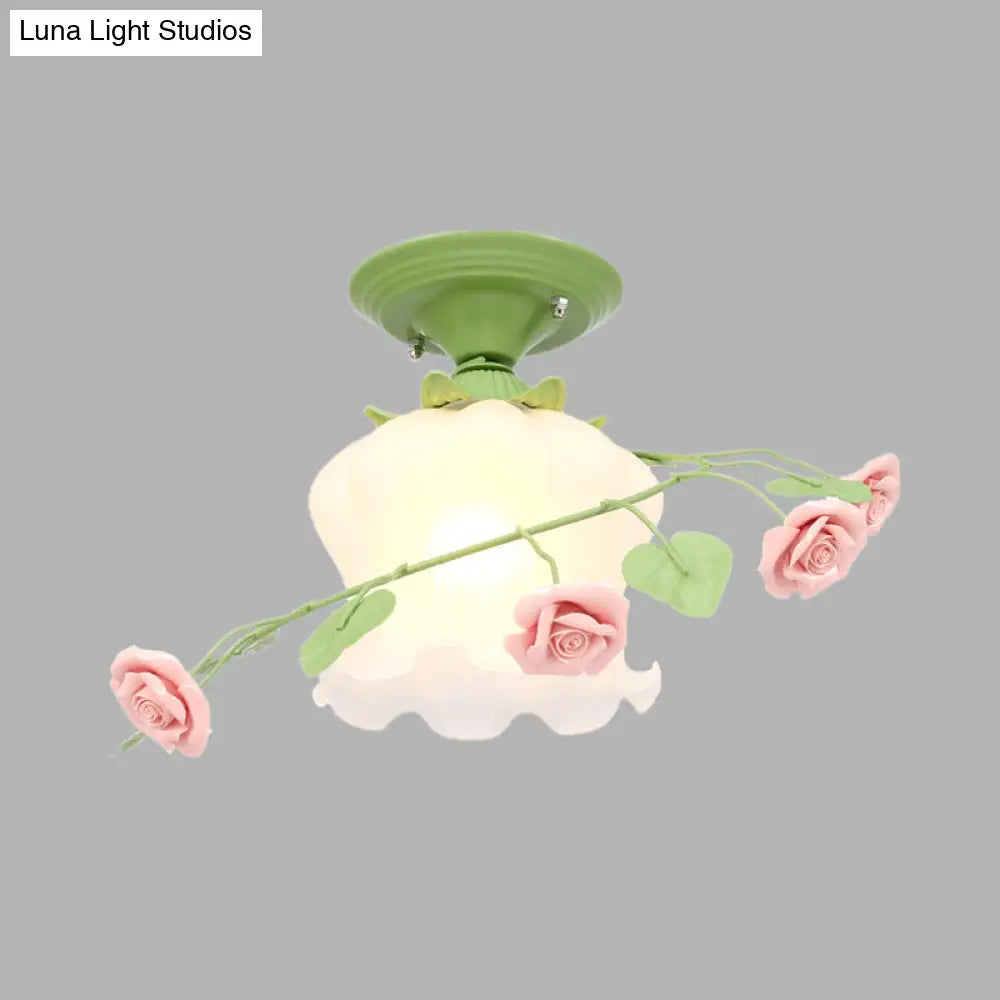 Scalloped Ceiling Flush Mount With Traditional White/Green Satin Opal Glass - Semi Lighting