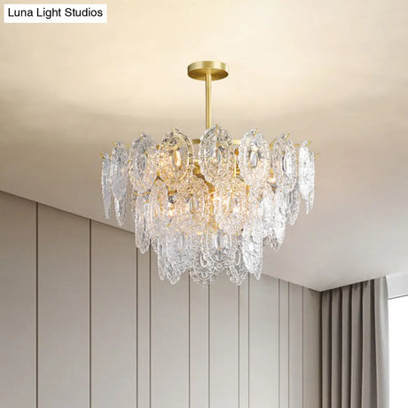 Scalloped Glass Chandelier - Modern Gold Pendant Light With 2/3/4 Tiers & 6/12/16 Bulbs For Dining
