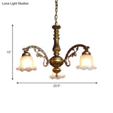 Scalloped Shade Brass Ceiling Chandelier With Frosted Textured Glass - Perfect For Dining Rooms 3/6