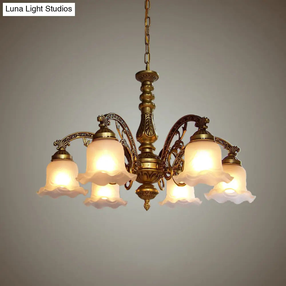 Scalloped Shade Brass Ceiling Chandelier With Frosted Textured Glass - Perfect For Dining Rooms 3/6