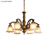 Scalloped Shade Brass Ceiling Chandelier With Frosted Textured Glass - Perfect For Dining Rooms 3/6