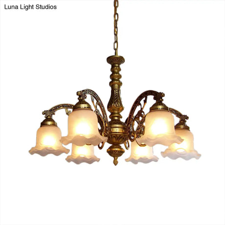 Scalloped Shade Brass Ceiling Chandelier With Frosted Textured Glass - Perfect For Dining Rooms 3/6
