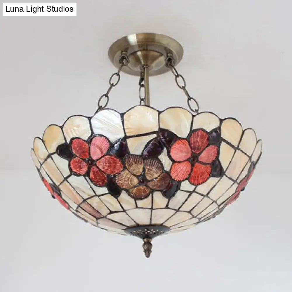 Scalloped Shade Semi Flush Stained Glass Ceiling Light Retro Style 12’/16’/20.5’ W