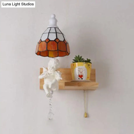 Scalloped Stained Glass Wall Sconce With Cupid Decoration - Tiffany 1-Light Fixture In Multicolor