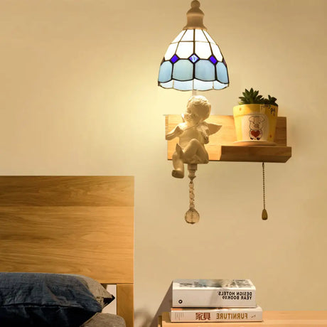 Scalloped Stained Glass Wall Sconce With Cupid Decoration - Tiffany 1-Light Fixture In Multicolor